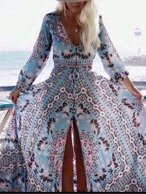 Spell Pandora Aquamarine  Blue Floral Maxi Dress with tassels ties XS